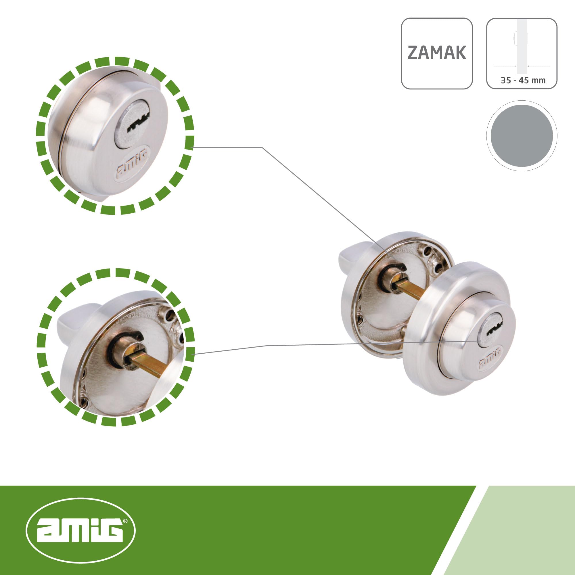 Amig - Muletilla de Diseño Contemporáneo Modelo 46R-KD en Zamak con Acabado Cromado Mate - Ø52 mm - 3 Llaves de Puntos para Privacidad - Cuadradillo de 6 mm - Ideal para Puertas de 35-45 mm de espesor