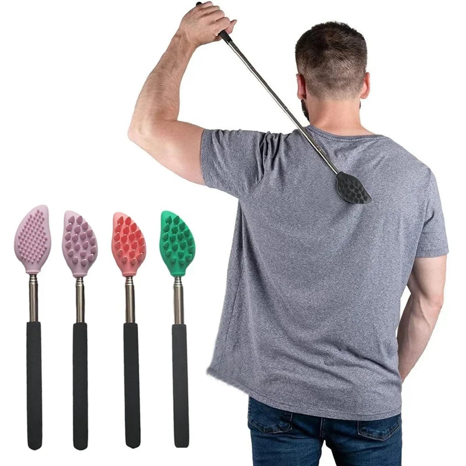 Cepillo Interdental 2Pcs Itch Scraper Massager Tool Silicone Massage Brush Telescopic Back Scratcher Cleaning Scrubber Extendable(Pink)