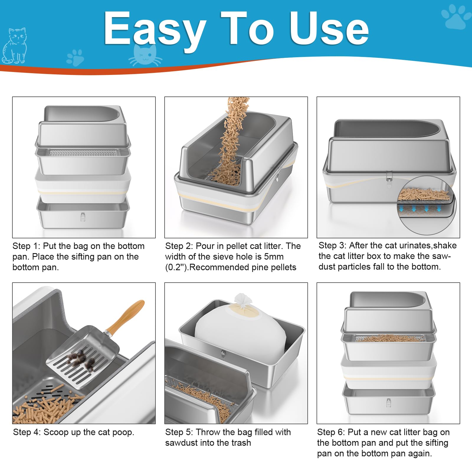 All Stainless Steel Sifting Litter Box with Lid,XL Extra Large Metal Sifting Cat Litter Box for Pine Pellets,High Sides Sifter Litter Pan System for Big Cats,Odor Control,Sifting Box Liners and Scoop - image 5