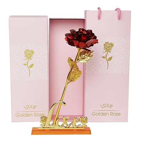 Red Rose Flower with Love Stand and Gift Box
