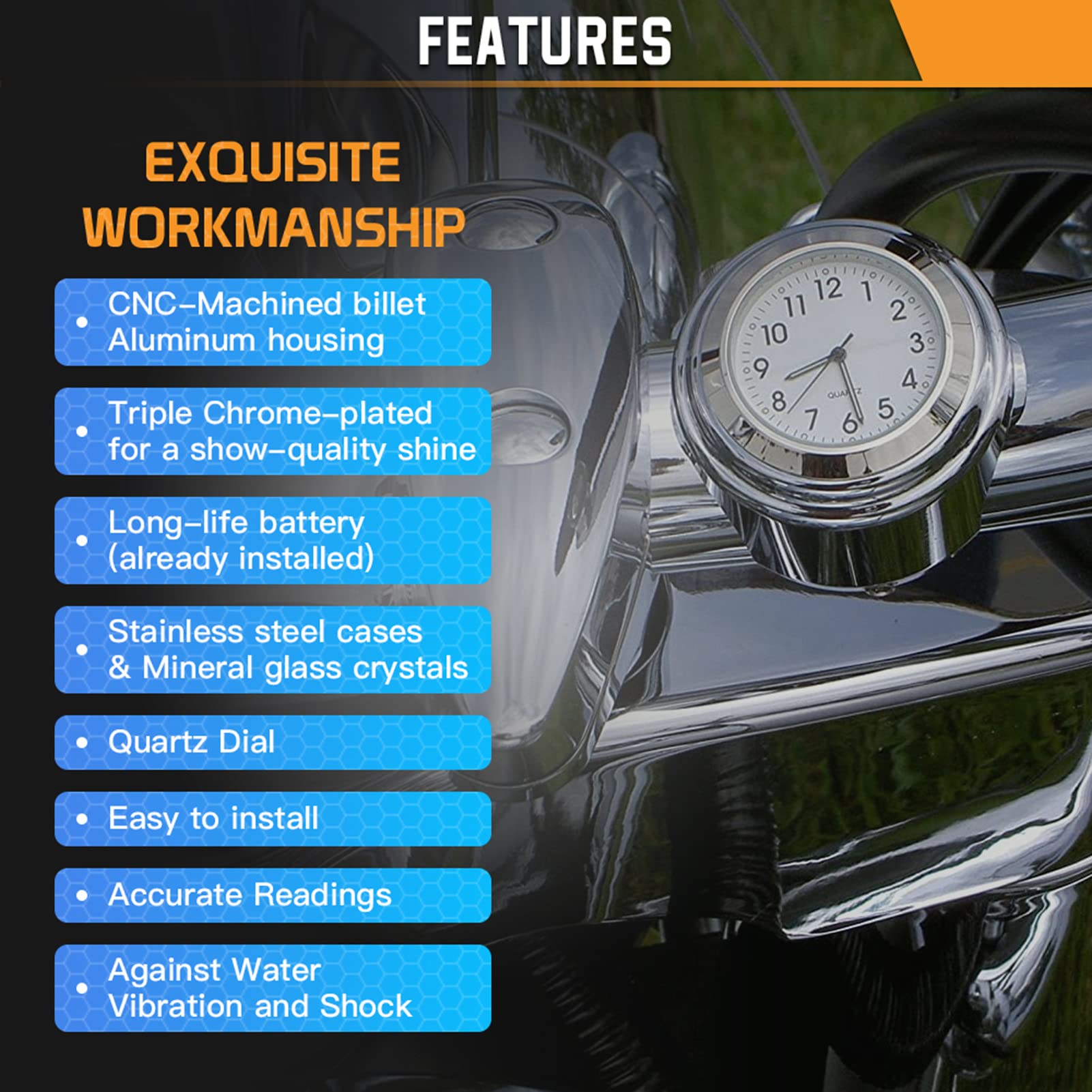 Shkalacar Horloge et thermomètre de Guidon de Moto Thermomètre à Horloge numérique monté sur Le Guidon Temp Moto Guidon Montre Imperméable pour guidons 22mm-25.4mm7/8inch- 1inch