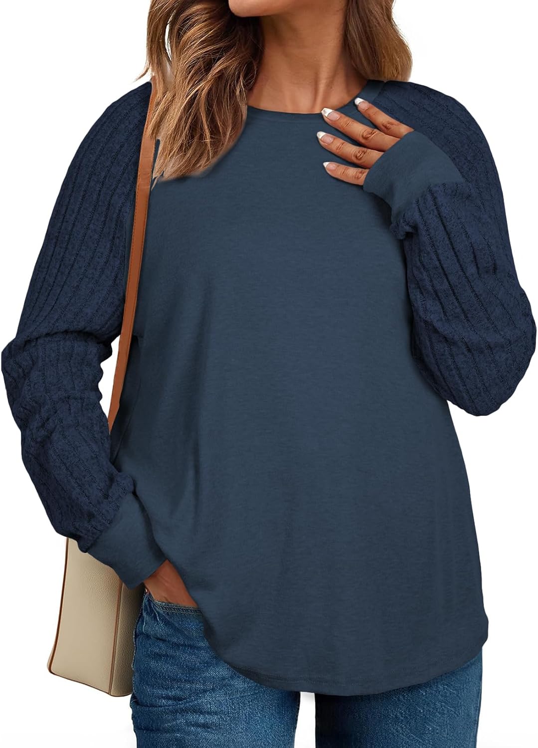 Eytino Plus Size Tops for Women Casual Crewneck Raglan Long Sleeve Shirts Loose Lightweight Tunics(1X-5X)