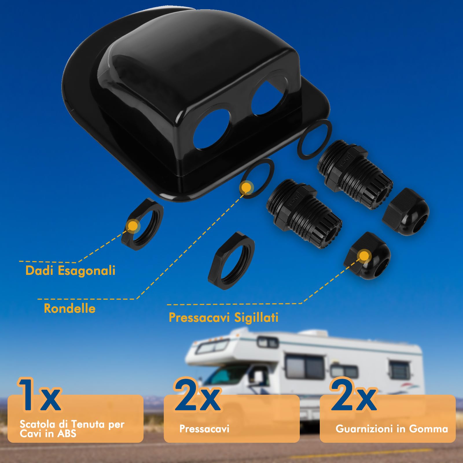 Restmo Passacavo Solare Impermeabile IP68 ABS Doppia Entrata per Camper Roulotte Barche Nero