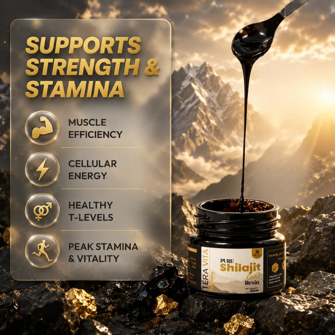 Shilajit/Shilajeet Gold Resin - 20g | 40 Servings | Boost Muscle Growth & Stamina | Contains 24 Carat Gold | 100% Ayurvedic — Amazon image 7