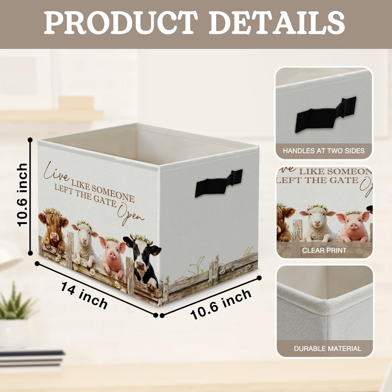 Farmhouse Highland Cow Sheep Pig Storage Bins Box, Live Like Someone Left the Gate Open Collapsible Organizer Basket for Bedroom Laundry Room Kids Nursery Clothes Toys Books, Highland Cow Gifts