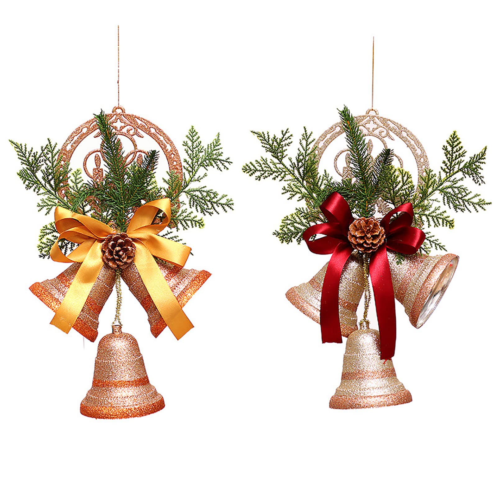HJHIWE 2 Pack Glitter Christmas Bells Ornaments Pendant, 13.8 Inch Extra Large Hanging Jingle Bells Xmas Bell with Ribbons, Pinecones and Pine Needles for Christmas Tree, Door, Home Decor.