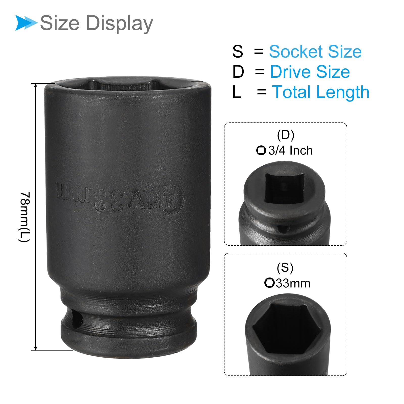 CoCud Deep Impact Socket, 3/4" Drive 33mm Socket 78mm Length, Cr-V 6 Point Black - (Applications: for DIY Hand Making) - Image 2