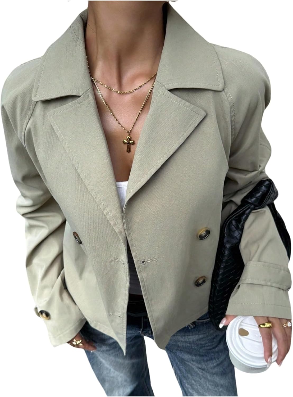 GORGLITTER Women's Cropped Trench Coat Dressy Casual Raglan Sleeve Double Breasted Short Jacket Coats Old Money Clothes - Image 6