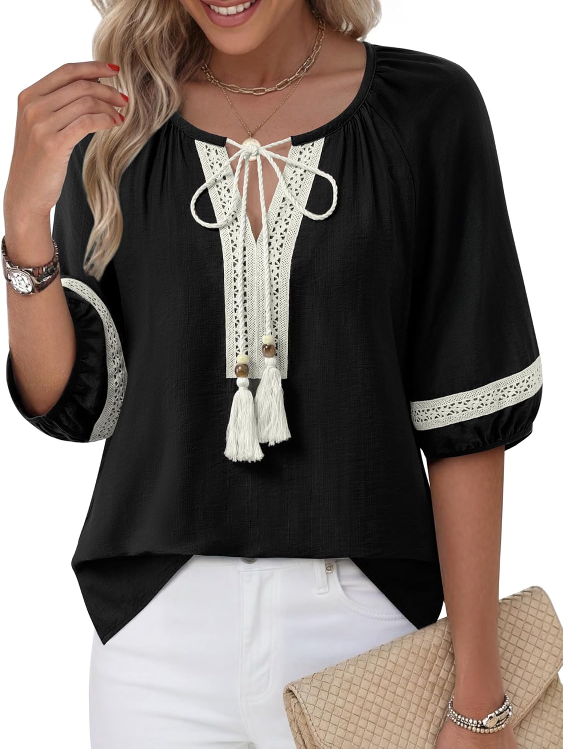 Unixseque Womens Summer Tops V Neck Tie Front Blouses Dressy Casual Flowy Half Sleeve Boho Shirts