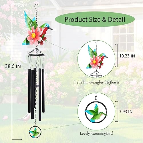 Miniatura 2 de MUMTOP Campanillas de viento de colibrí para exteriores, de metal, de tono profundo, conmemorativo, simpatía, campanillas de viento con flor para
