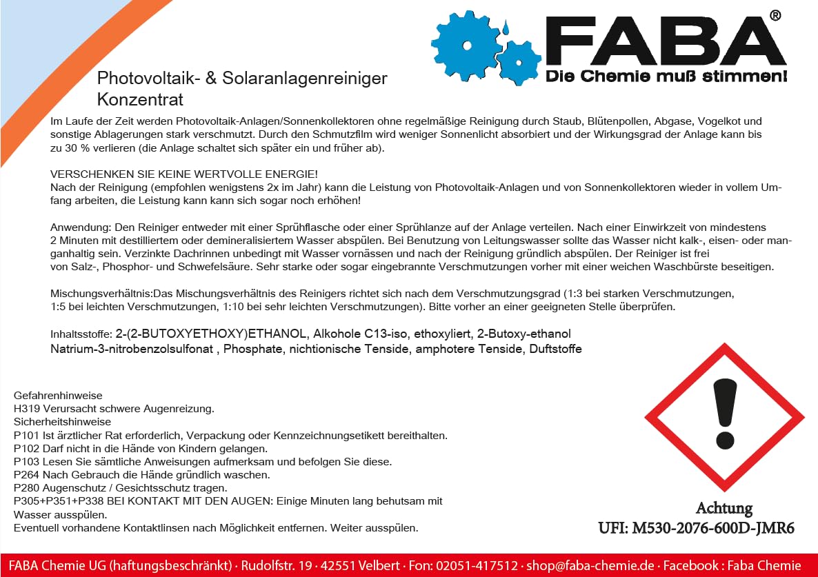 FABA Photovoltaik Reiniger Solaranlagen Reiniger 2 x 5 L Solar