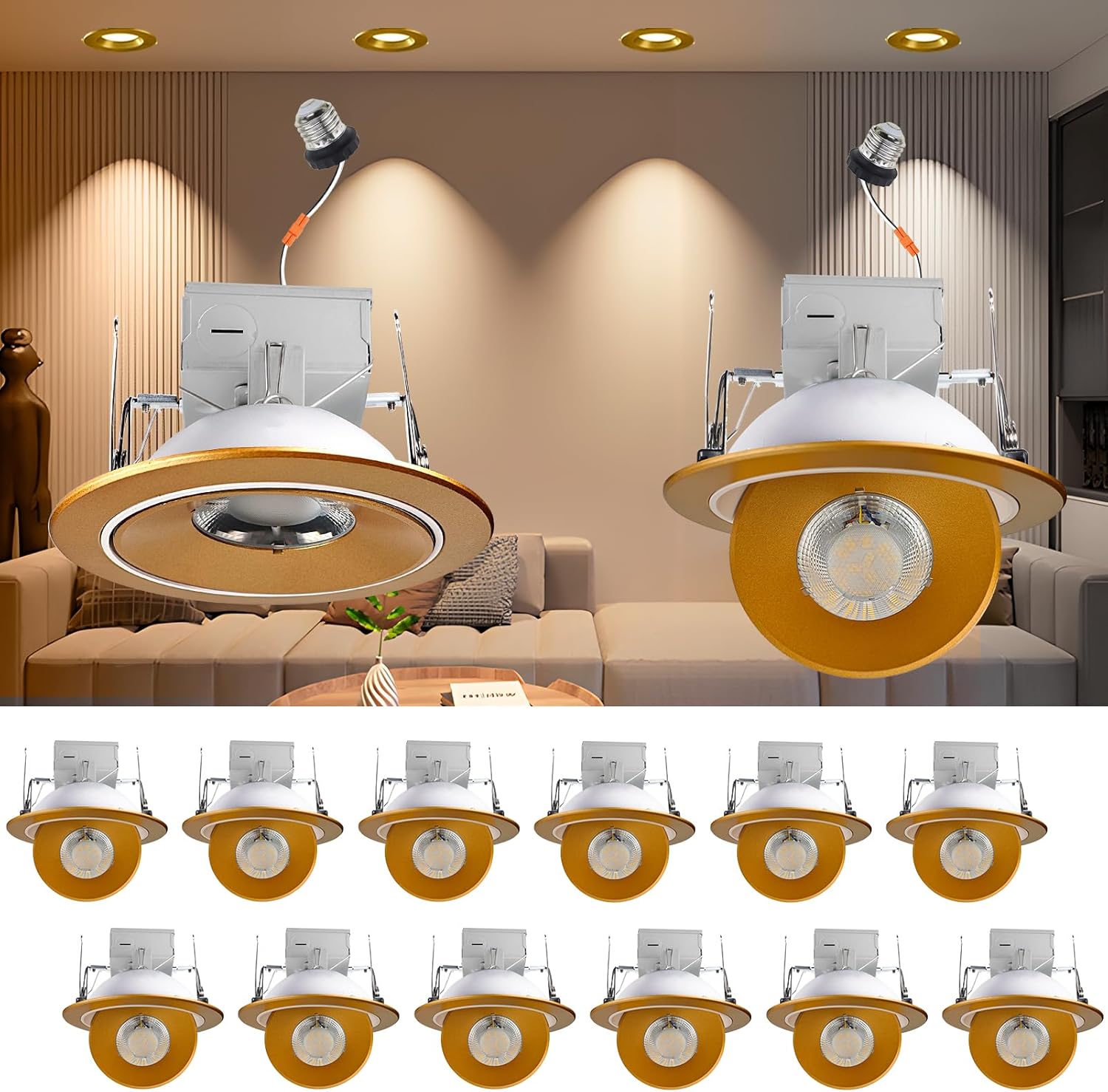 Lightdot 6 inch Dual-Axis Gimbal Recessed Housing | 36° Narrow Beam Focus | 360° Rotation & 90° Tilt Adjustment | CRI>90 3000K/4000K/5000K Selectable | IC Rated with Junction Box | Black (12 Pack)