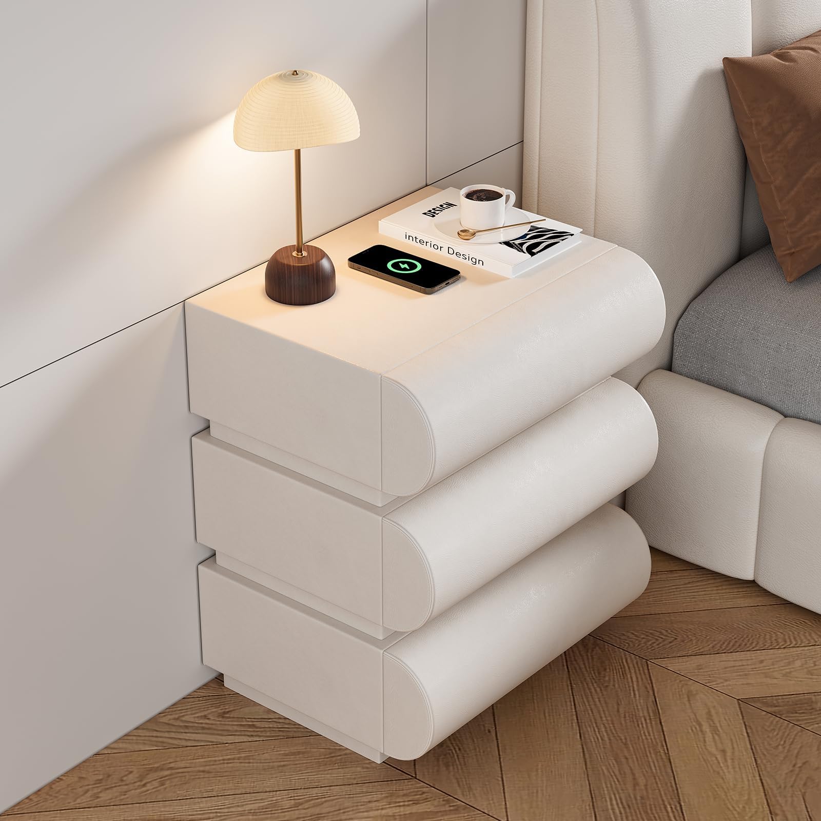 Homary Bedside Table Humply 3-Drawer Smart Nightstand White PU Leather, Modern Bed Side Table for Bedroom with Wireless Charger, USB Ports, Type-C Charging, and Spacious Drawers