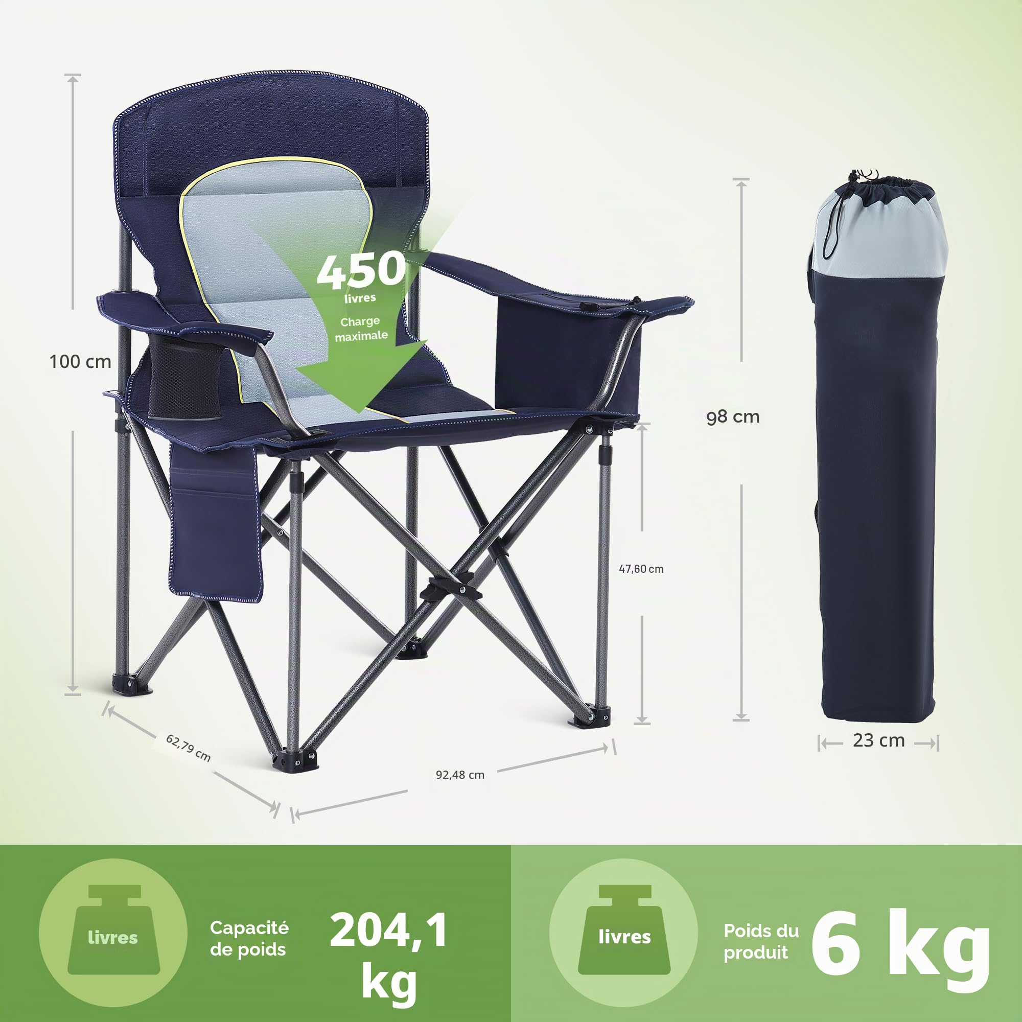 LET'S CAMP Chaise de Camping Pliable jusqu'à 200 kg | surdimensionnée avec Porte-gobelets, Sac Isotherme, Chaise d'extérieur