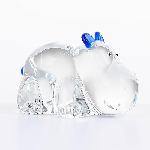 Qianwei Regalos de hipopótamo de cristal azul para mujer, hechos a mano, hipopótamo, animales de cristal, figuras coleccionables, mesa de escritorio