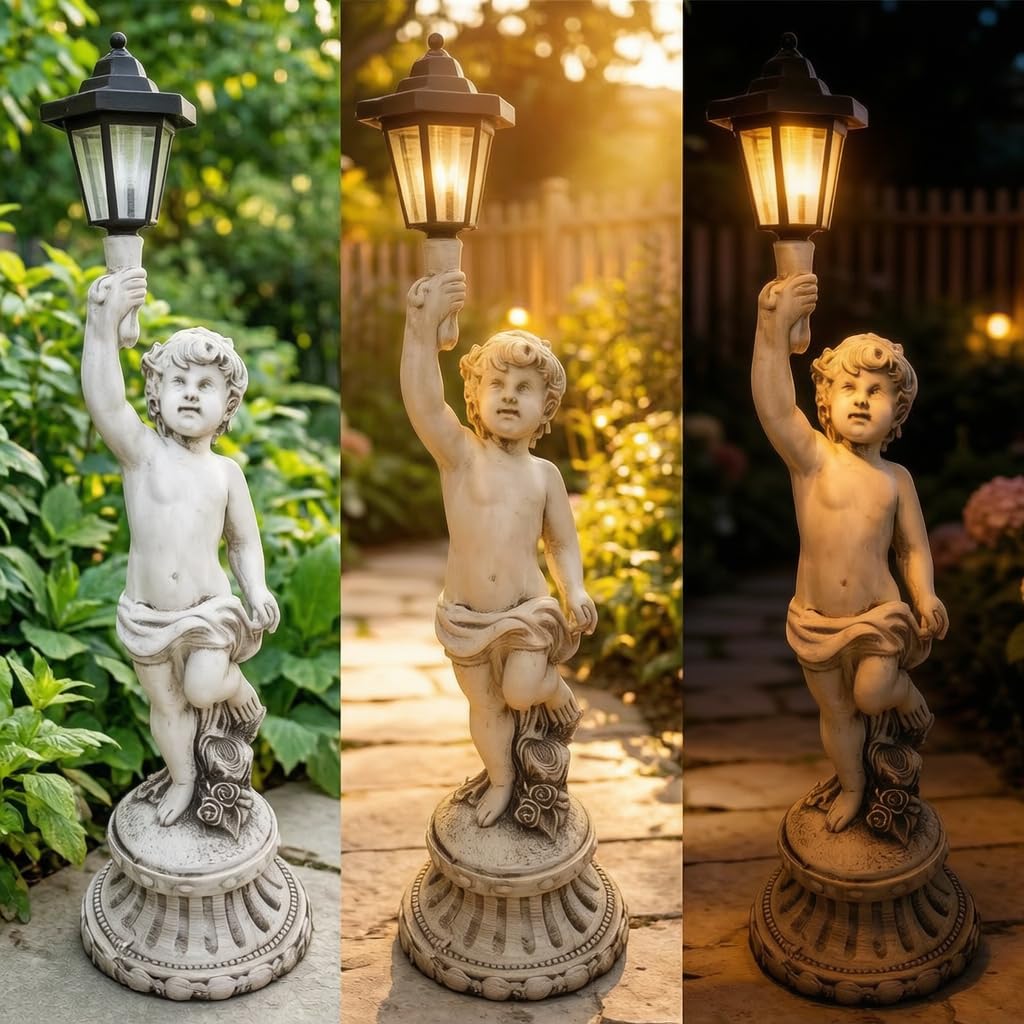 Fontana Solare da Giardino Esterno con Luci, Abbeveratoio e Mangiatoia per Uccelli, Decorativa per Giardino, Statua di angelo con lanterna - Sinistra
