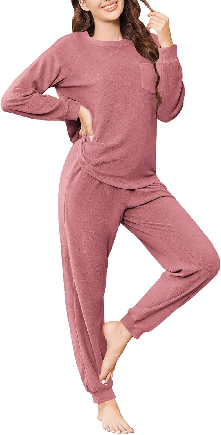 Ekouaer Womens Fuzzy Fleece Pajama Sets Long Sleeve Jogger Sets Comfy Sleepwear Loungewear with Pockets