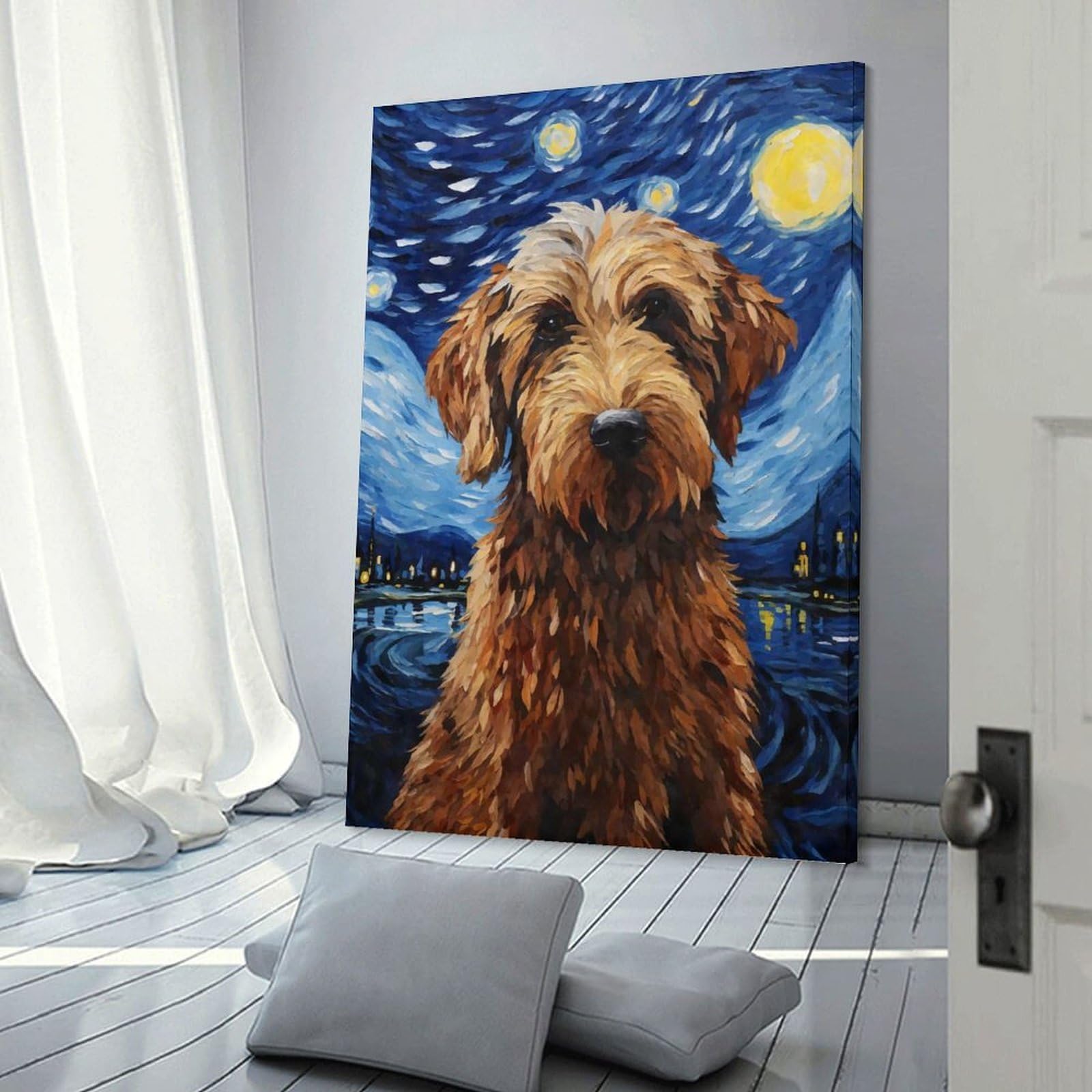 Junmoney Frame-Style-17 Labradoodle Starry Night Decorative Canvas Print, 24X36inch(60X90cm), For Contemporary Homes, Apartments Or Offices, Home Artwork For Modern Interiors