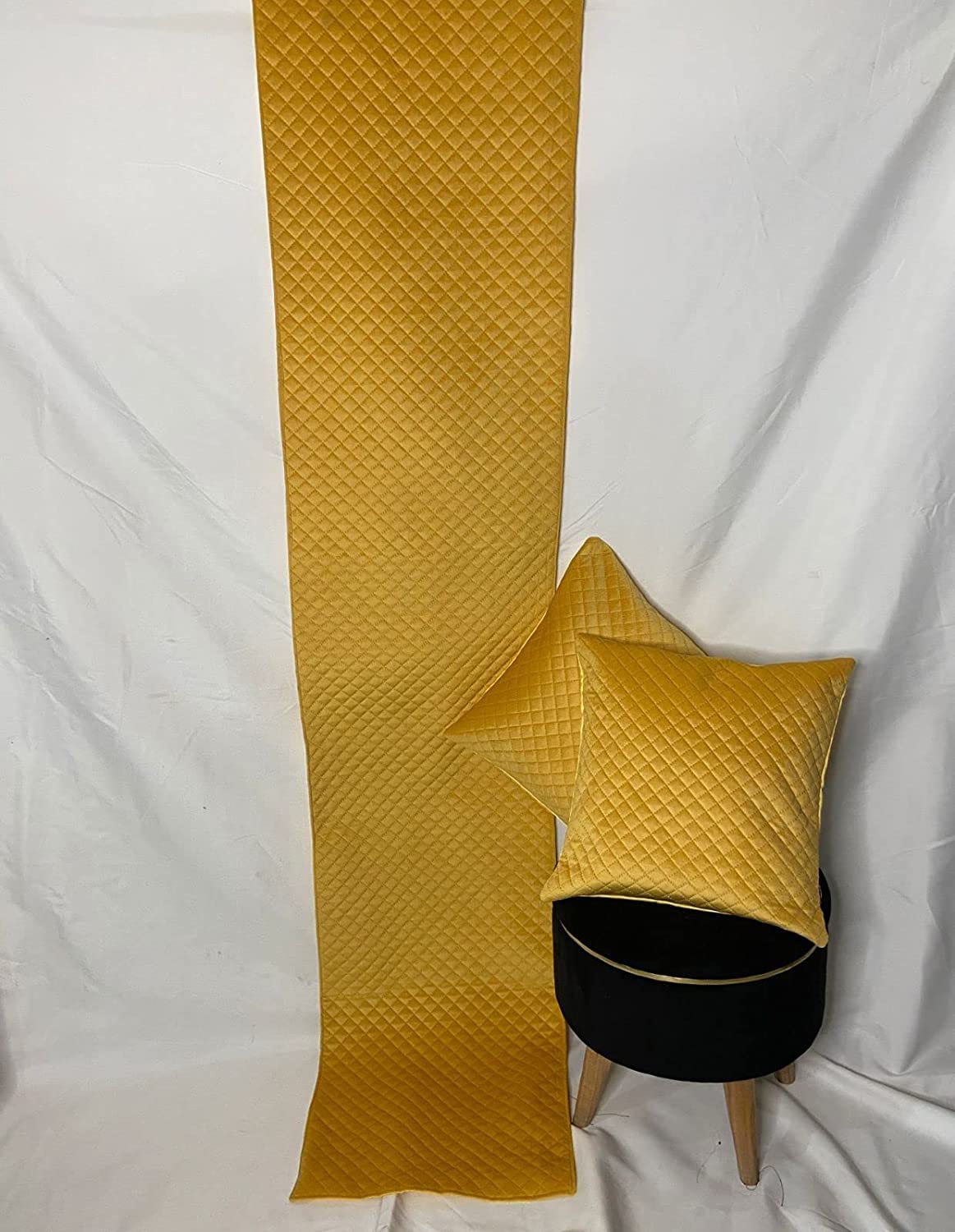 SHRIANAND CREATIONS Shri Anand Velvet Bed Runners with Two Cushions | Bed Runner for Bedroom |Modern Bed Decorative Scarf for Bedroom |King Size (Yellow)