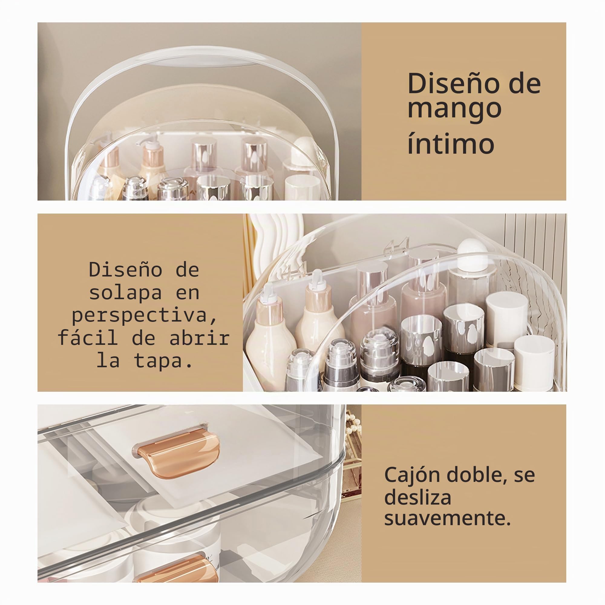 Organizador de Maquillaje Elegante Caja Maquillaje Beauty Organizer con Asa y Tapa Transparente Soporte Almacenamiento Cosmeticos con Cajones Makeup Skincare Expositor de Plástico