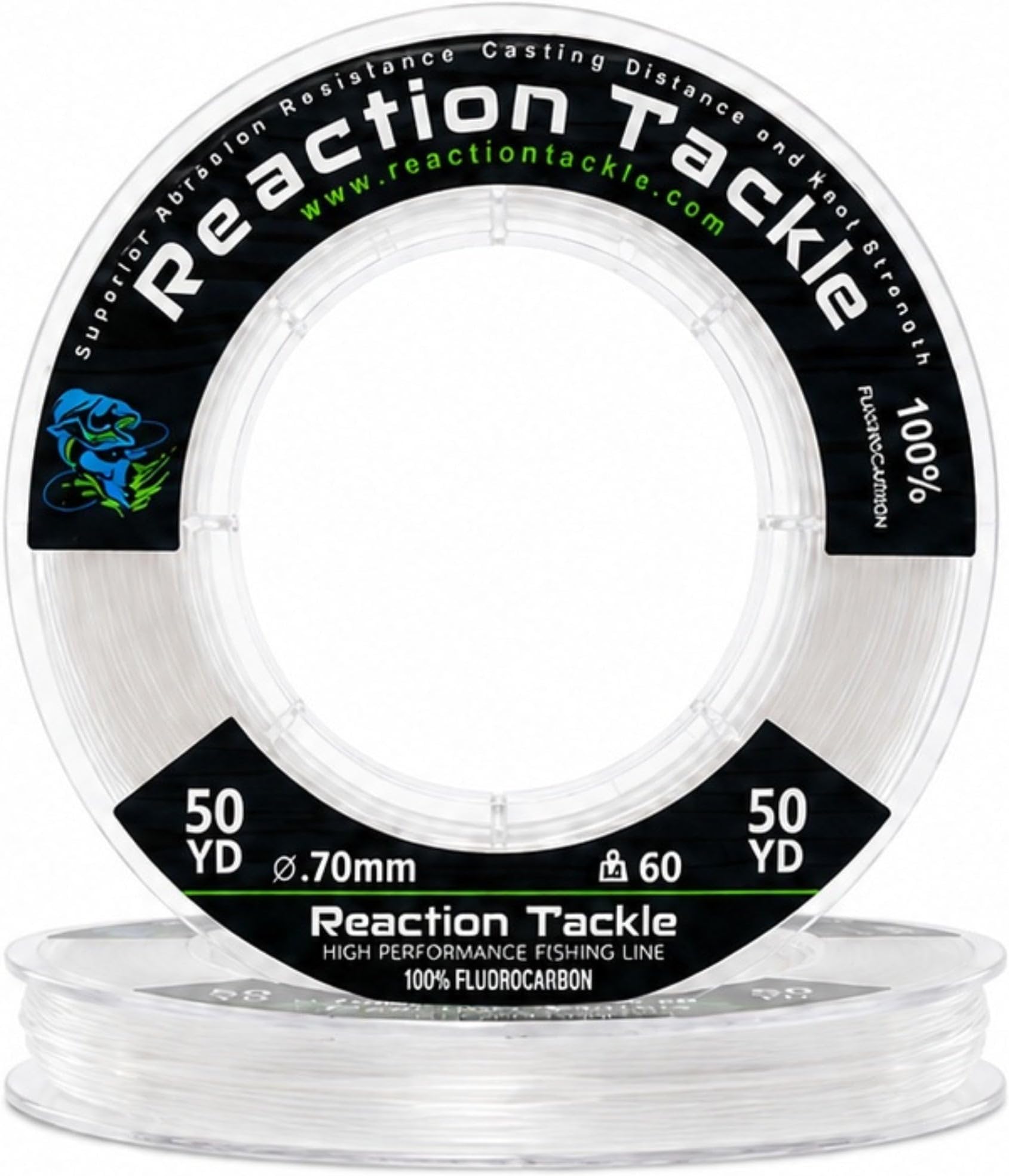 Reaction Tackle 100% Pure Fluorocarbon Fishing Line - High Strength, Abrasion-Resistant, Fast-Sinking, Virtually Invisible - Saltwater and Freshwater Leader Line