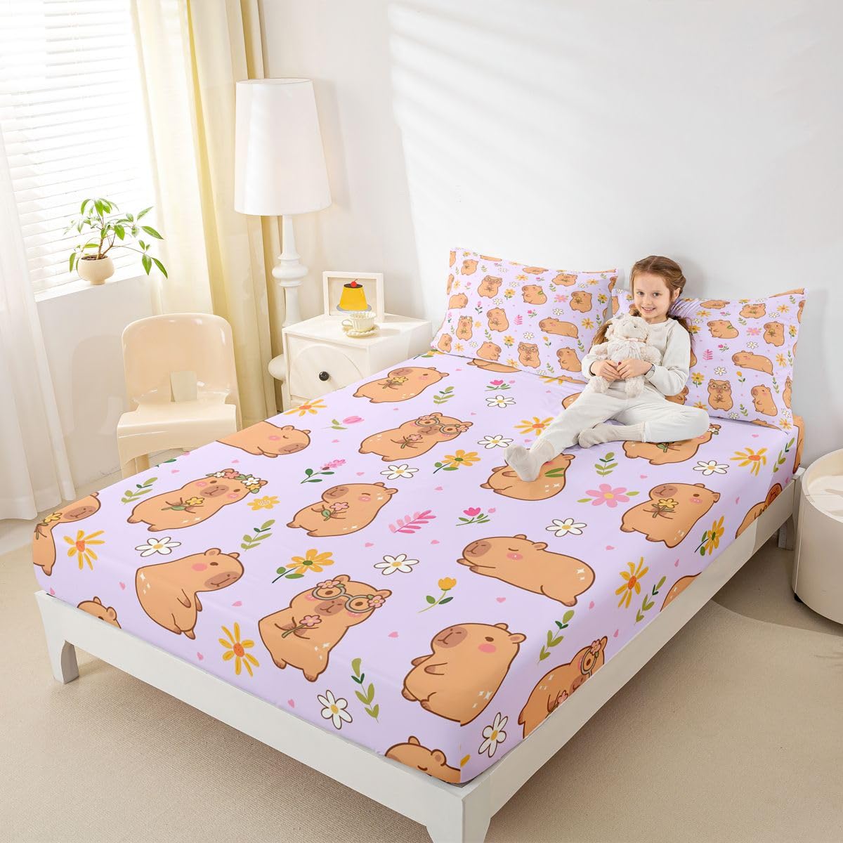Homewish uroczy capybara zestaw pościeli podwójna kreskówka kapibara prześcieradła kolorowy kwiatowy zestaw prześcieradeł - kawaii gryzonie zwierzę dopasowane górne prześcieradła 4 sztuki fioletowy
