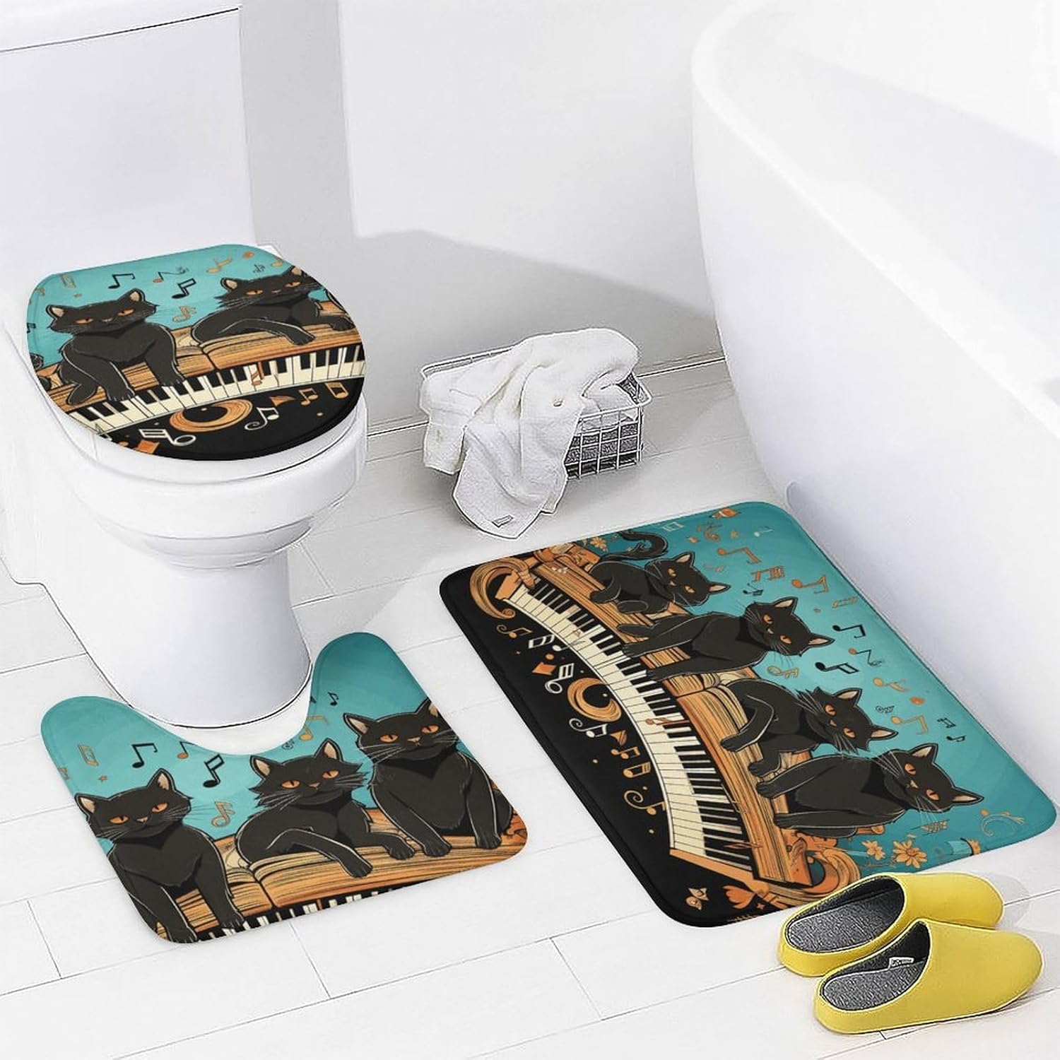 4-piece Bathroom Set with Waterproof Shower Curtain, Non-slip Absorbent Rug,Four Black Cats Lying on The Piano Keyboardprinting And Toilet Seat Cover - Bathroom Accessories And Decor for Modern Homes,