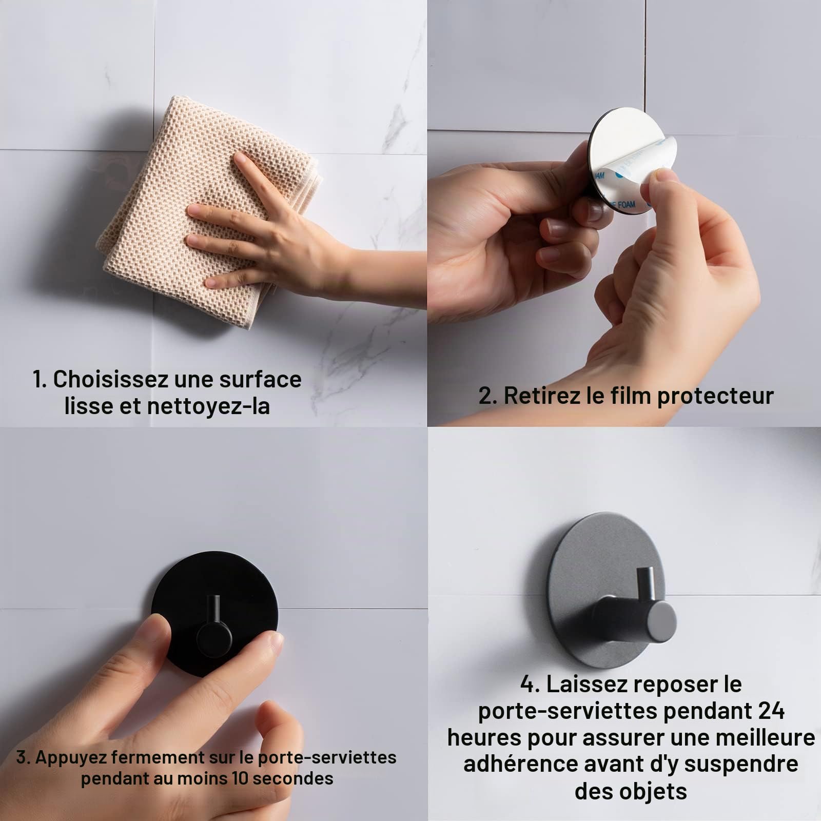Feligio Crochet Adhésif Mural Noir 4 Pièces, Patère Salle de Bain Acier Inoxydable