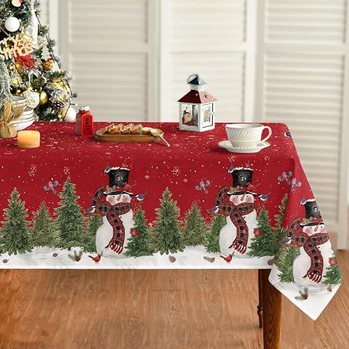 Horaldaily Mantel de Navidad de 52 x 70 pulgadas, diseño de árboles de muñeco de nieve de invierno, color rojo, lavable, para fiesta, pícnic,