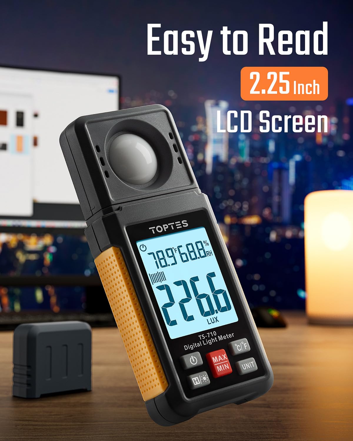 TopTes TS-710 Light Meter displaying readings on its 2.25 inch LCD screen