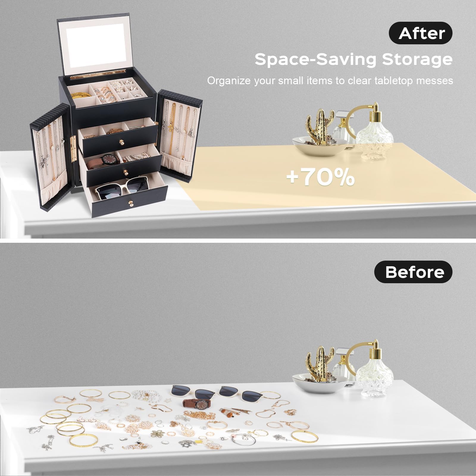 Dajasan Large Jewelry Box for Women, Jewelry Organizer Box with 3 Drawers, Jewelry Storage Organizer with Mirror for Necklace Ring Bracelet Watch, Gift Idea, 8.7 x 7.5 x 9.8 Inches (Black)