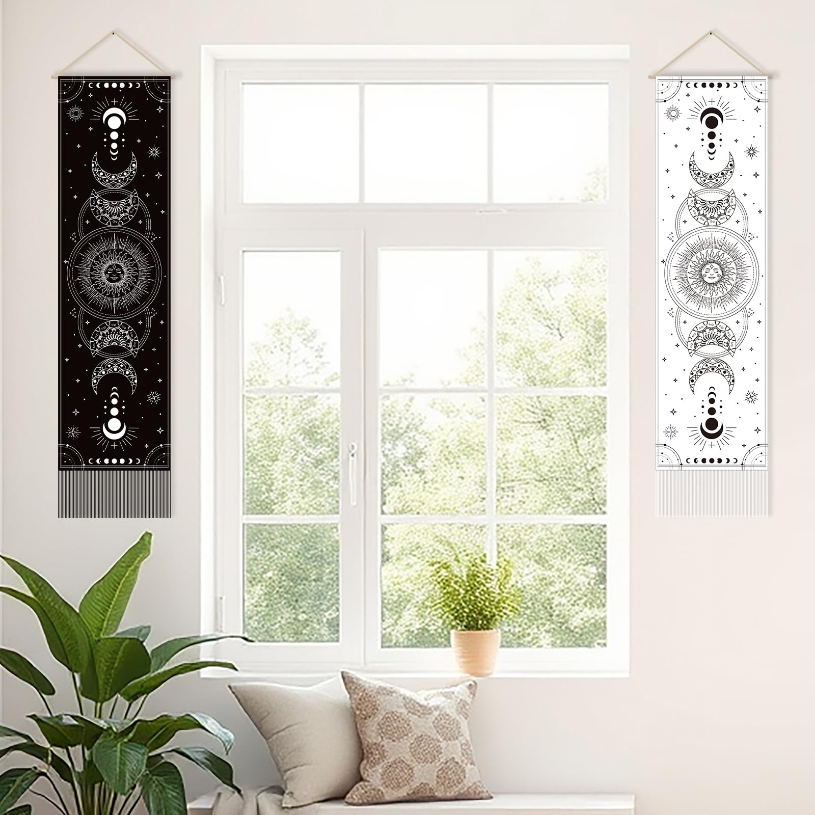 SUPERDANT Moon Phase Tapestry Moon Face Wall Blanket Pack of 2 Tapestries Sun Stars Long Tapestry Walls Hanging with Tassel for Bedroom Living Room Porch Home Decor 130x33cm - Image 2