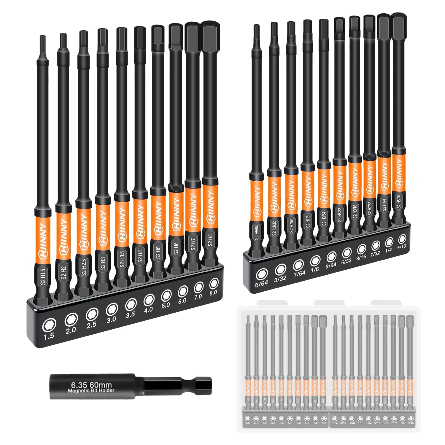 Impact Allen Wrench Drill Bit Set,20PCS 4" Long Hex Bit Set(Metric &amp; SAE), 1/4" Hex-Shank S2 Steel,Impact Driver Bit Set, Magnetic CNC Tips for Drill &amp; Driver with Storage Box