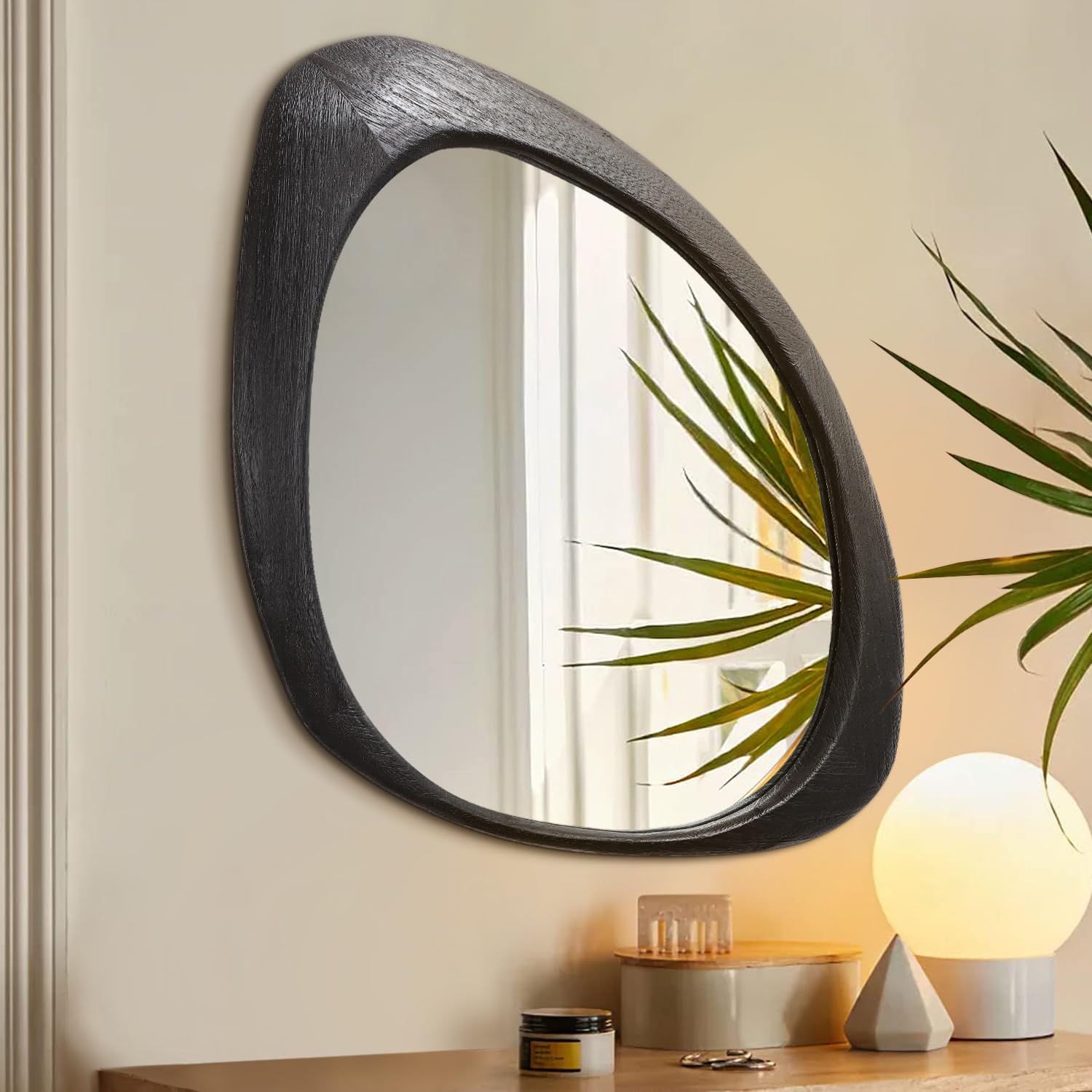 AAZZKANG Irregular Black Asymmetrical Wall Mounted Mirrors Large Modern Wood Frame Wall Mirrors for Bathroom Bedroom Living Room Entryway 60L x 40W cm