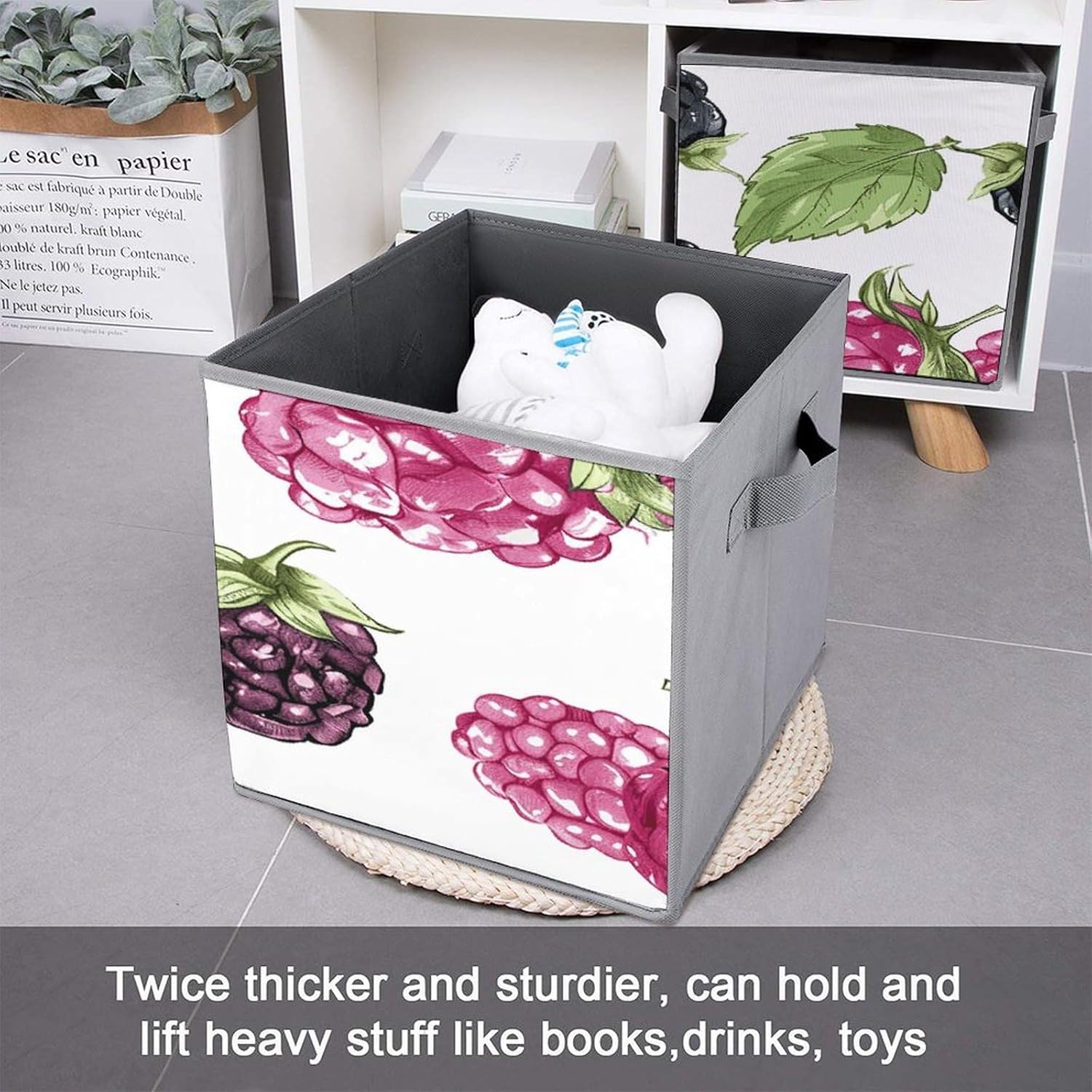 Multi Use Organizer Bins, Blackberry Fruit Pattern Printed Storage Bins, Foldable Storage Baskets Are Suitable For Bedrooms, Offices, And Cars