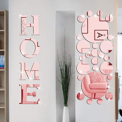Zonon 30 Pcs Living Room Wall Decor Home Mirror Wall Letter Signs Stickers DIY Acrylic Mirror Decals 3D Decorations for Home Bedroom Living Room Removable(Rose Gold)
