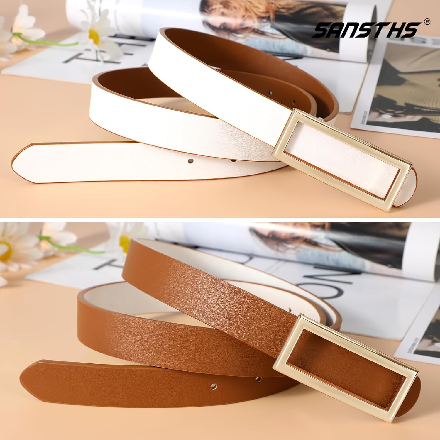 SANSTHS Skinny Reversible Belts for Women, Two-in-one Women Thin Belt for Dresses Jeans Pants with Gold Buckle - Image 5