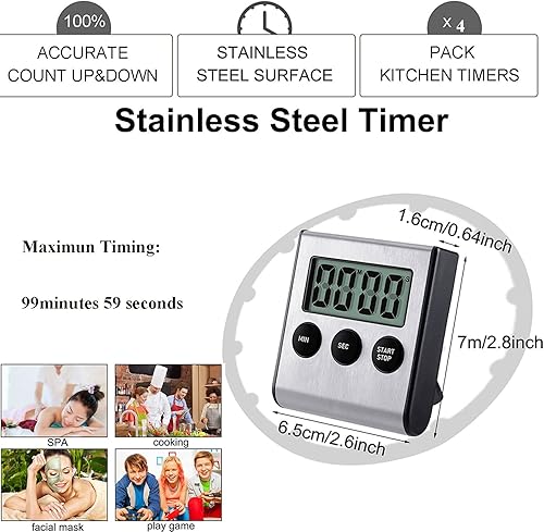 Miniatura 2 de Paquete de 4 imanes digitales de temporizador de cocina, temporizadores de cocina de acero inoxidable con alarma. Temporizador magnético de cuenta