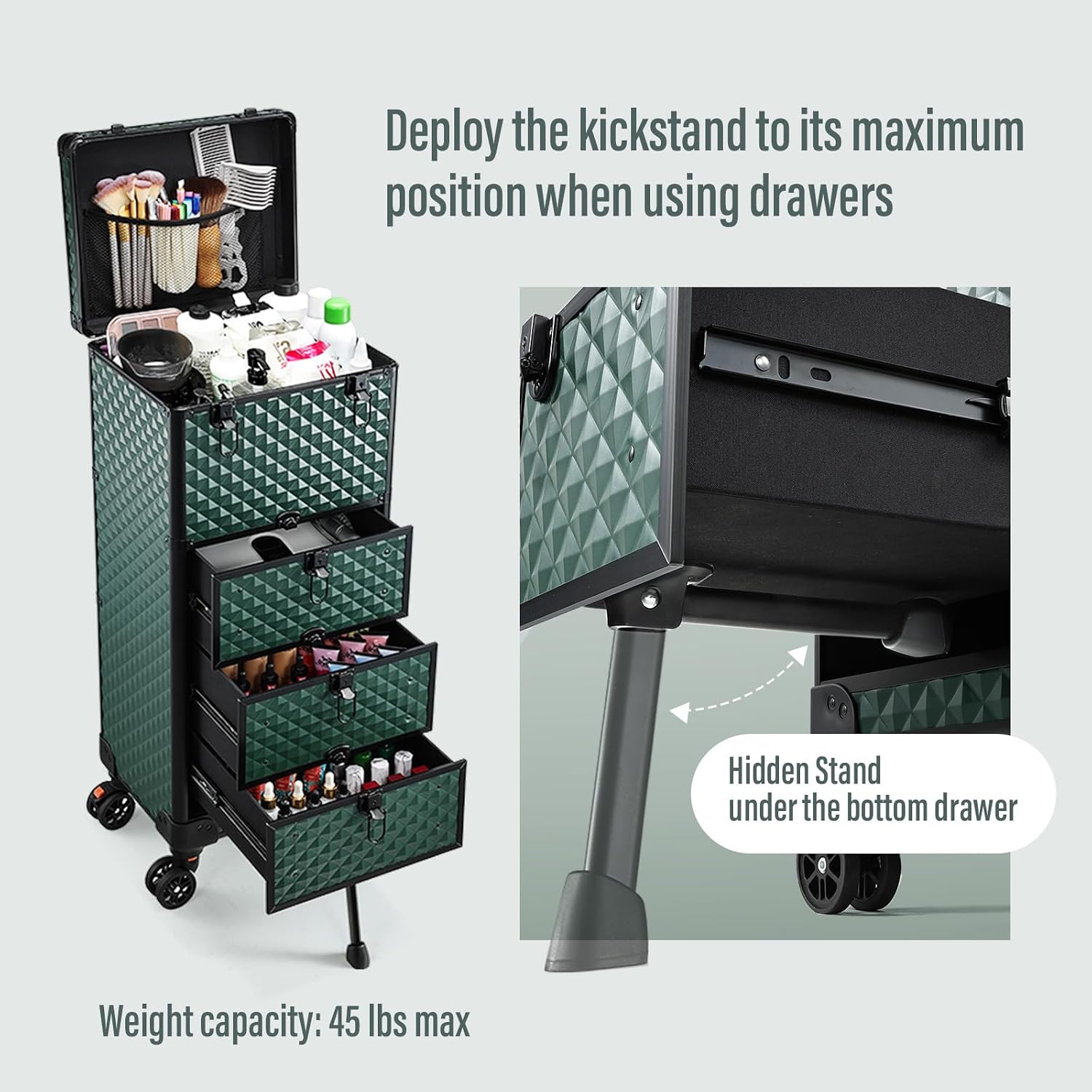  Nail Trolley Cart with 3 Drawers, Salon Station Cosmetology Case on Wheels Rolling Makeup Train Case Nail Case Organizer Beauty Salon Travel Case for Nailart,SPA,Hairstylist,Artist,Dark Green thumbnail