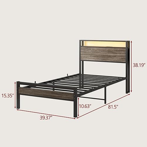 Miniatura 2 de BOFENG Base de cama individual con cabecera de madera y estación de carga USB, plataforma de metal resistente, marco de cama individual LED, tamaño