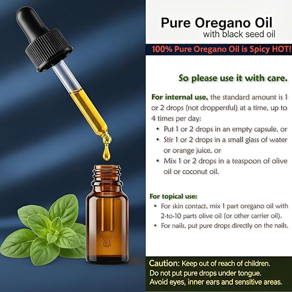 Wild Oregano Oil with Black Seed 80%+ Carvacrol Pure & Undiluted 0.34 fl oz Liquid Drops | GMP Certified