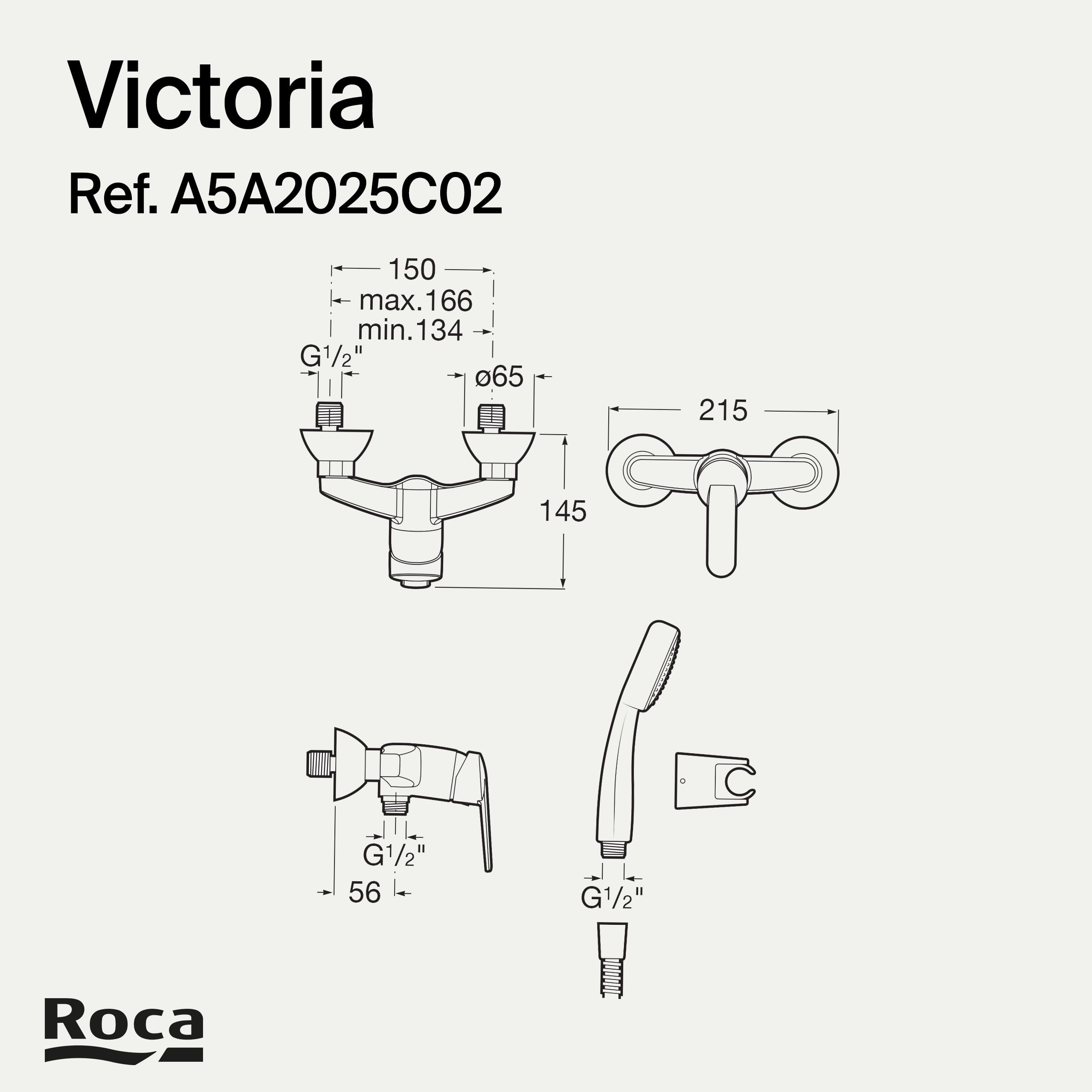 Roca Victoria Grifería monomando exterior para ducha con ducha de mano flexible 1,50 m soporte articulado