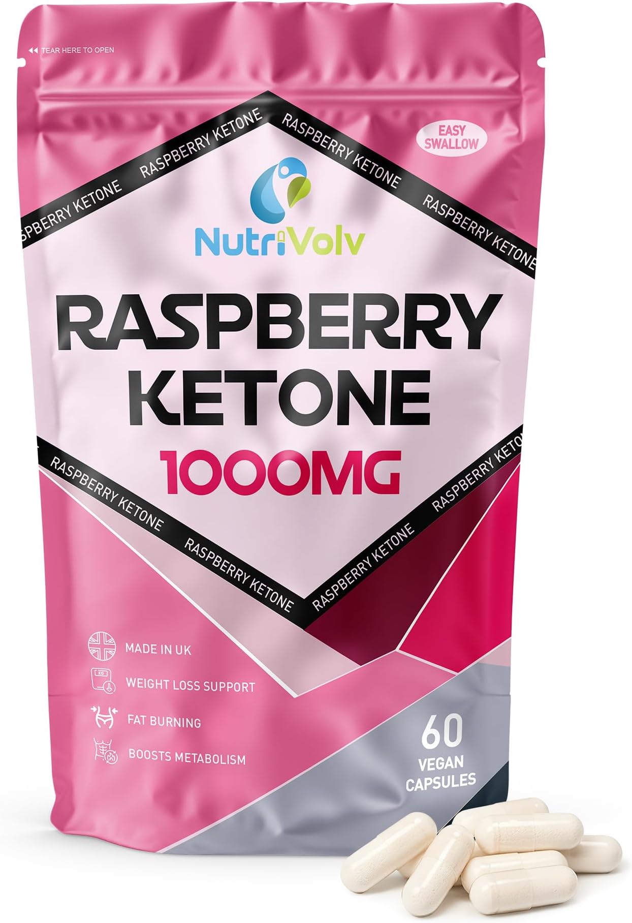 NutriVolv Raspberry Ketones 1000mg per Serving | Natural Weight Loss Supplement | Boosts Metabolism & Energy | Fat Burner & Appetite Suppressant | 60 Vegan Capsules