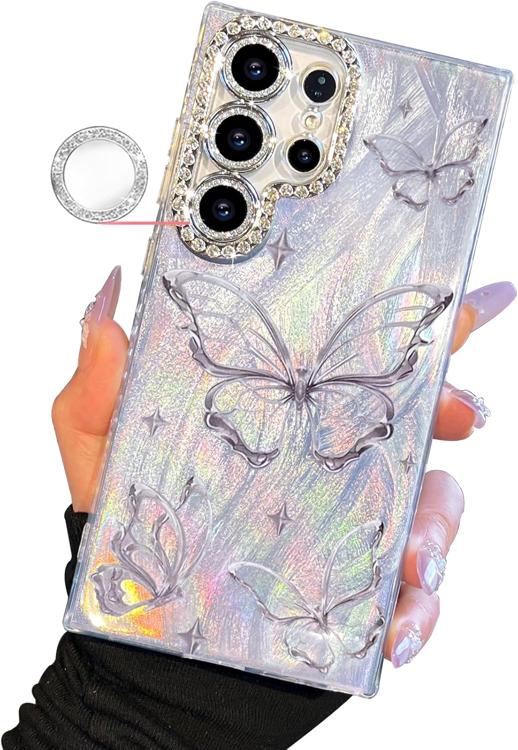I-MGAE-IN-AR Compact Case for Samsung Galaxy S22 Ultra Butterfly Design,Diamond Camera Lens Protection Frame,Cute Soft Slim TPU Shockproof Protective Phone Cases Cover for Women Silver Aesthetic