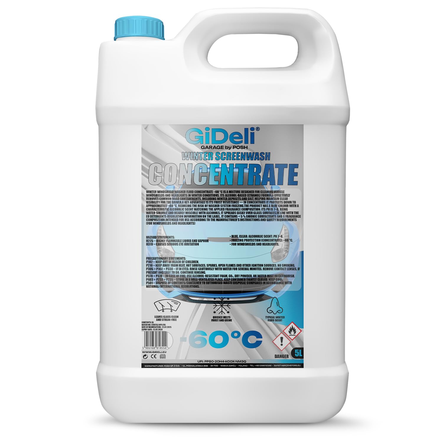 GiDeli Antigel concentré pour pare-brise 5 l - Antigel -60 °C - Eau de nettoyage pour protection contre le gel - Nettoyant pour vitres d'hiver