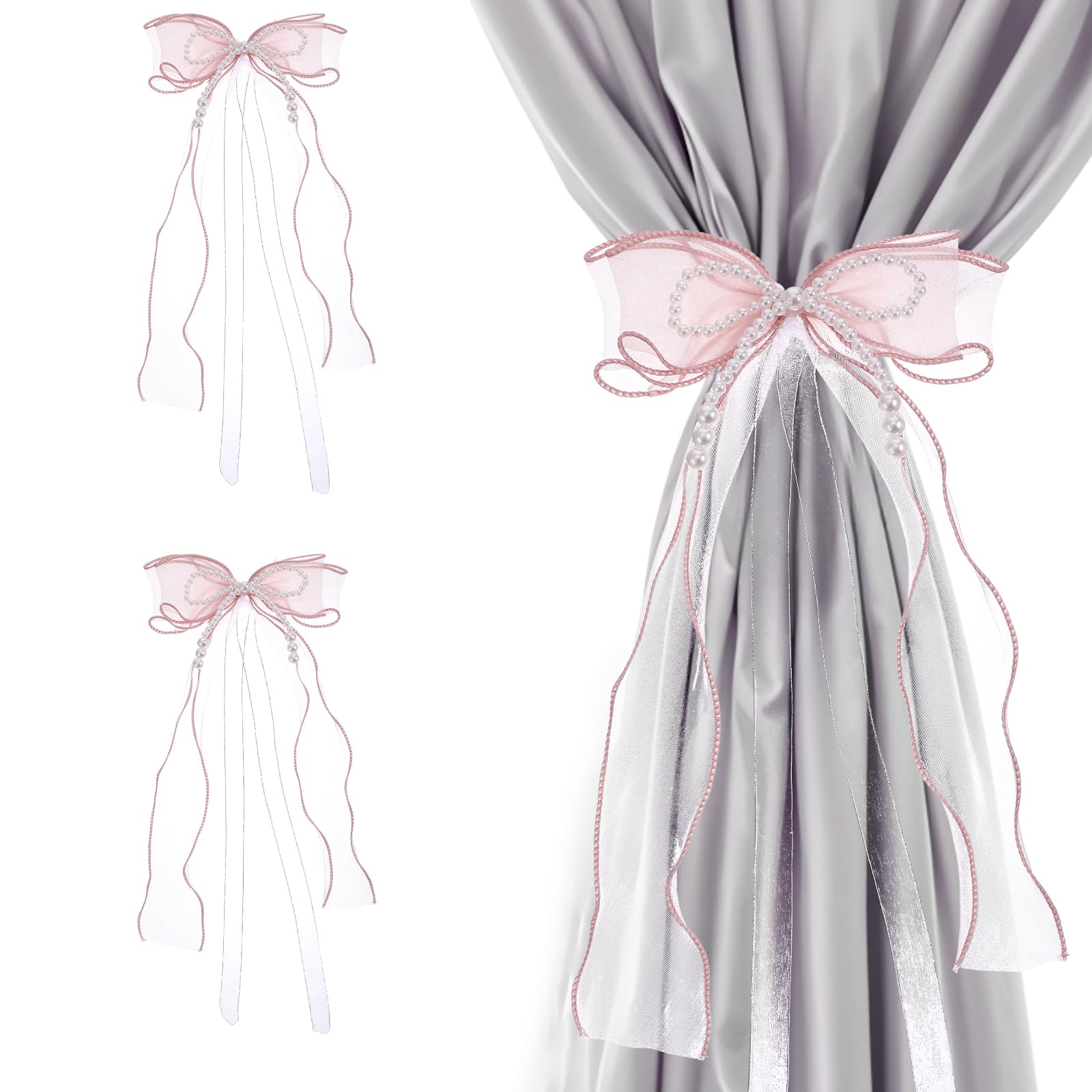 2 PCS Bow Curtain Tiebacks, Elegant Pink Bow Butterfly Curtain Tiebacks with Pearls Sweet Bowknot Holdbacks for Stylish Home Bedroom Offices Dining Rooms Wedding Party Decoration - 31.5 in(80 cm)