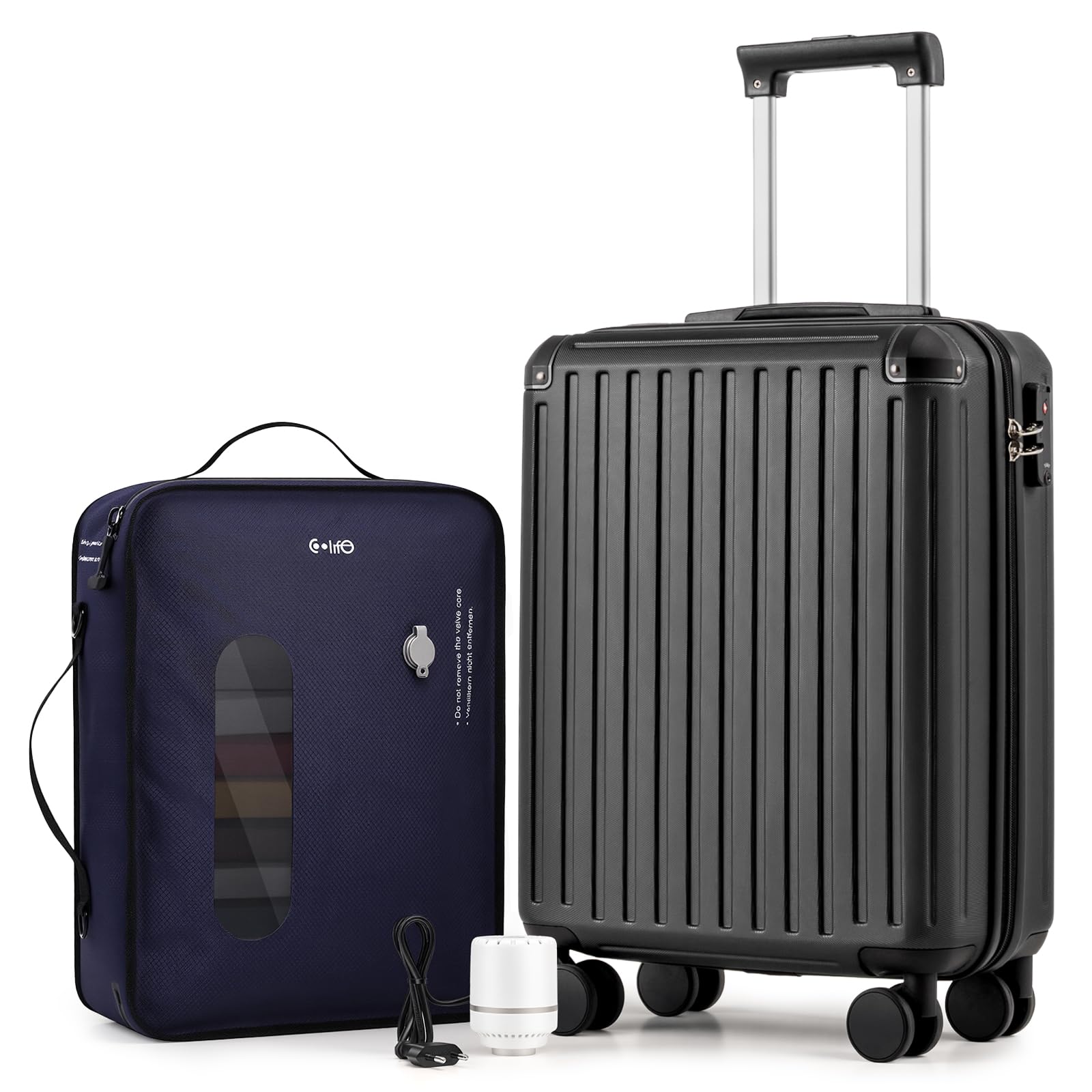COOLIFE Easyjet Vakuum Handgepäck Koffer 55X40X20cm + Vakuumbeutel für Kleidung +60% mit Pumpe | ABS+PC Hartschalenkoffer mit TSA-Schloss und 4 Zwillingsrollen Für Ryanair, Grenzüberschreitende Reise