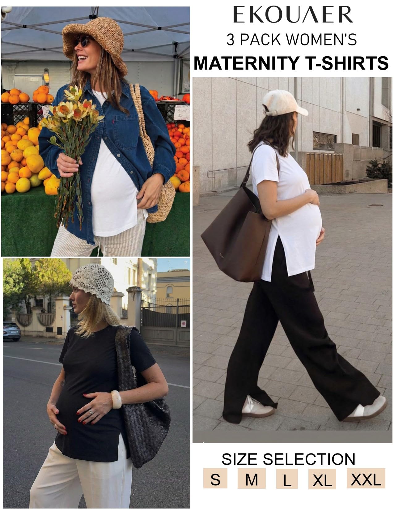 Ekouaer Confezione da 3 Top Premaman a Maniche Corte vestibilità Ampia Maglietta Basic Spacco Laterale S-XXL