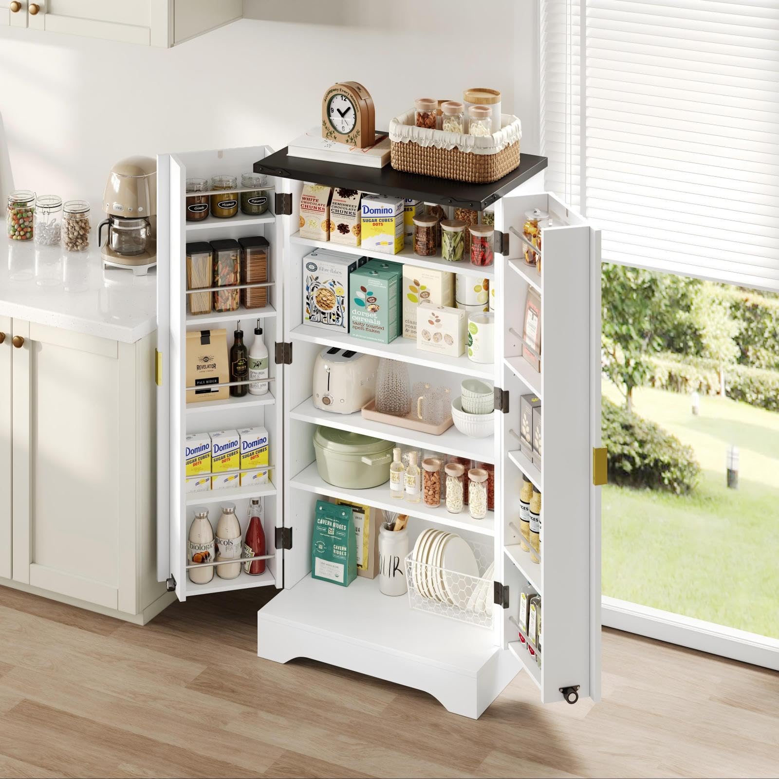 Küchenschrank mit Doppeltür, Haushaltsschrank mit Verstellbare Einlegeböden und Stauraum, Moderner Mehrzweckschrank mit Fächer, für Esszimmer Wohnzimmer, Küche, Streifendesign, Weiß (60.5x40x120cm)