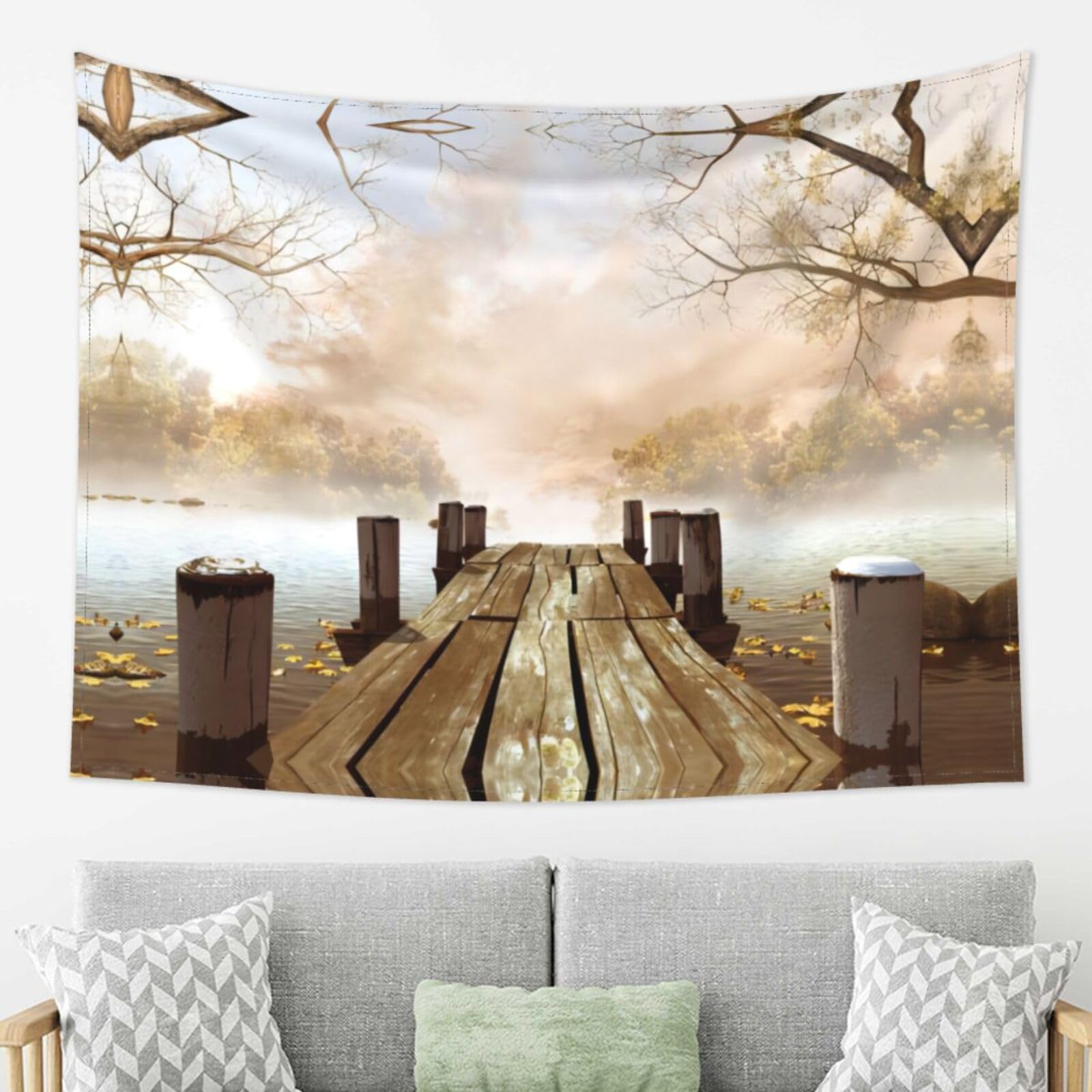 LPLSNWS Tapestry Wall Art 80x60 Inches, Wooden Bridge Lake Scene, Single-Sided, for Living Room Bedroom